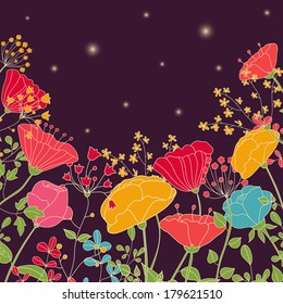 Beauty vector postcard in dark tones. Summer illustration with bright flowers. 
