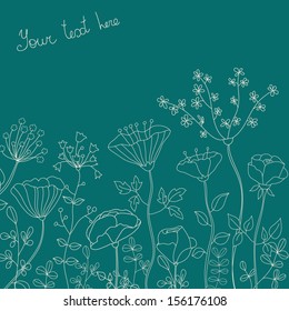 Beauty vector postcard. Summer illustration with outline flowers on dark background. Ideal for celebration card or poster