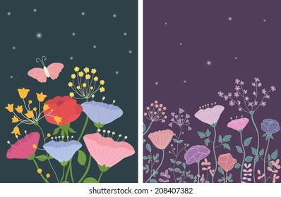 Beauty vector postcards in dark tones. Summer illustration with bright flowers. 