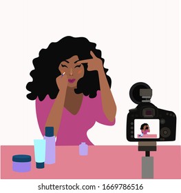 Beauty Video Blogger. Beautiful Black Woman Creating, Posting Videos About Style, Cosmetics, Hair-styling, Nail Art, Influencer Starting Makeup Tips Blog, Successful Fashion Guru. Vector Illustration