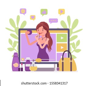 Beauty Video Blogger. Beautiful Young Woman Creating, Posting Videos About Style, Cosmetics, Hair-styling, Nail Art, Influencer Starting Makeup Tips Blog, Successful Fashion Guru. Vector Illustration