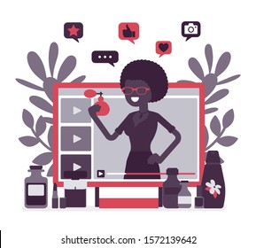 Beauty Video Blogger. Black Woman Creating, Posting Videos On Style, Cosmetics, Hair-styling, Nail Art, Influencer Makeup Tip Blog, Successful Fashion Guru. Vector Illustration With Faceless Character