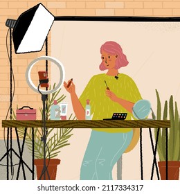 Beauty video blogger recording makeup vlog in her home studio. Female influencer showing cosmetics products in online live stream. Vector illustration with cartoon character. Fashion tutorial