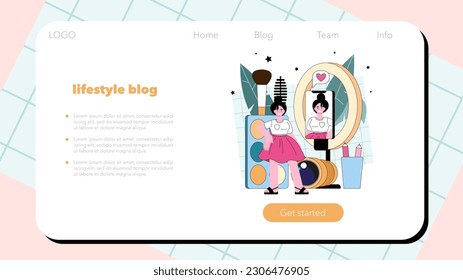 Beauty video blogger web banner or landing page. Viral content in the internet. Social media famous multimedia creator or influencer. Online communication and entertainment. Flat vector illustration