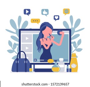 Beauty Video Blogger. Woman Creating, Posting Videos On Style, Cosmetics, Hair-styling, Nails, Influencer Starting Makeup Tip Blog, Successful Fashion Guru. Vector Illustration With Faceless Character