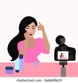 Beauty Video Blogger. Woman Creating, Posting Videos On Style, Cosmetics, Hair-styling, Nails, Influencer Starting Makeup Tip Blog, Successful Fashion Guru. Vector Illustration