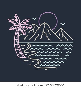 Beauty view of beach with mountains in summer graphic illustration vector art t-shirt design