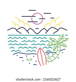 Beauty view of beach with mountains in summer graphic illustration vector art t-shirt design