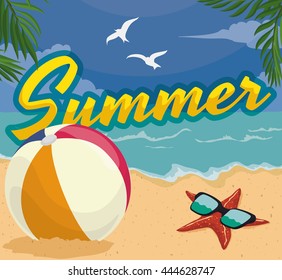 Beauty view of natural seascape with pretty beach, palm leaves, a starfish in the sand with sunglasses, a ball and some seagulls flying in the sky.