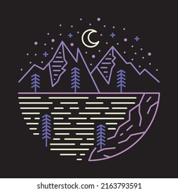 Beauty view of night with river and mountains graphic illustration vector art t-shirt design