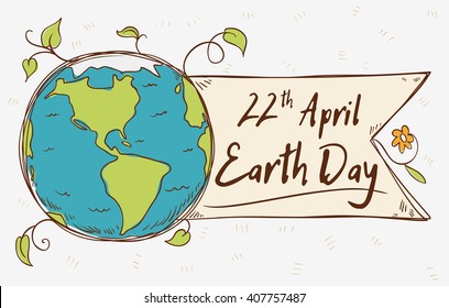 Beauty view of the planet with a ribbon and greeting message in cartoon style for Earth Day.