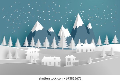 beauty village in snow with mountain. vector illustration of winter. paper art