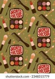 Beauty vintage groovy lettering seamless pattern. Flat hand drawn slogan Worth the Love in mirrir with eyeshadows and make up elements. Selflove concept. Ideal for home decoration, textile, wrapping