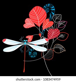 Beauty Vivid illustration of summer leaves and dragonfly on dark background