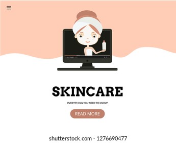 Beauty Vlog. Video concept illustration. Flat design with big player symbol and pretty young woman. Content. Video blog. Cute vector illustration. Skincare