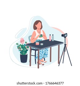 Beauty vlogger flat color vector faceless character. Creative hobby for women. Content creator. Stream video. Makeup blogger isolated cartoon illustration for web graphic design and animation