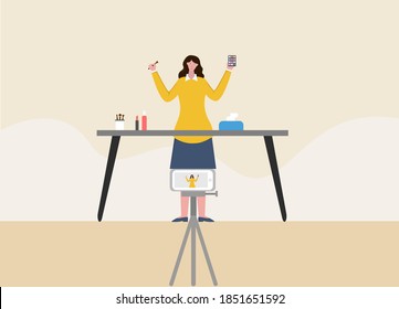 Beauty vlogger vector concept: Beauty vlogger creating an online yoga lesson video on a mobile phone