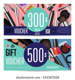 Beauty Voucher. Prepaid Monetary Coupon For Beauty Procedure Or Fashion Shopping. Special Exclusive Offer. Professional Makeup Cosmetics Gift Voucher Or Card Template Vector Set Illustration