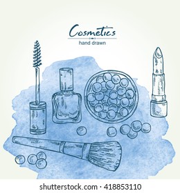 Beauty watercolor background with cosmetics . hand drawn