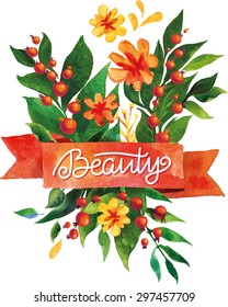 Beauty watercolor flower card. Beautiful Floral Greeting Card Bright illustration invitation card. Ribbon decorative illustration 