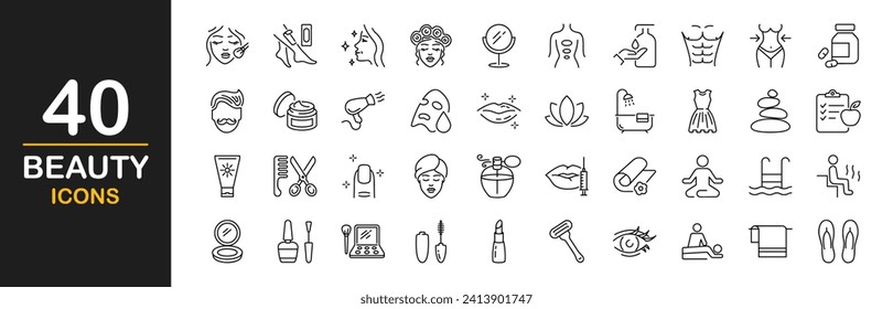 Beauty web icons set. Cosmetology and dermatology - simple thin line icons collection. Containing cream bottle, lipstick, makeup brush, care skin, face mask and more. Simple web icons set