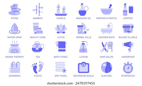 Beauty web icons set in duotone flat design. Pack pictograms with stone, bamboo, candles, massage oil, mortar and pestle, lipstick, lotus, herbal pills, shower bath, spa, other. Vector illustration.