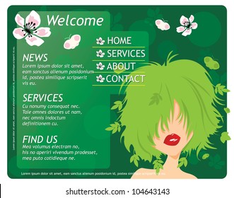 Beauty website template elements with beautiful girl and flowers, green, vector