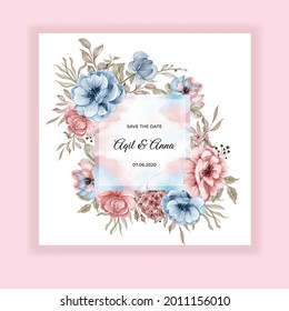 beauty Wedding floral frame invitation card with pink blue flowers