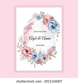 Beauty Wedding Floral Invitation Card With Pink Blue Flowers