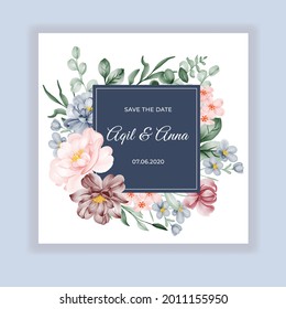 beauty Wedding floral round invitation card with pink blue burgundy flowers