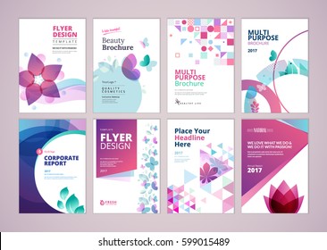 Beauty and wellness brochure cover design and flyer layout templates collection. Vector illustrations for marketing material, ads and magazine, product presentation templates.