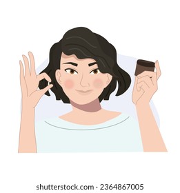 Beauty and Wellness Concept. Woman Showing OK Hand Sign with Skincare Product. Flat vector cartoon illustration