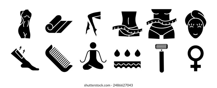 Beauty and wellness set icon. Female body, yoga mat, legs, waist with measuring tape, face with towel, waxing, comb, yoga, water drops, razor, female symbol. Health and self-care concept.