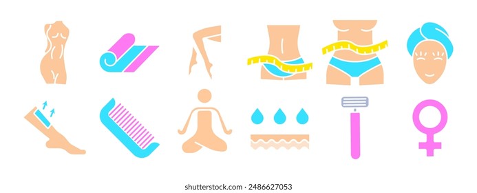 Beauty and wellness set icon. Female body, yoga mat, legs, waist with measuring tape, face with towel, waxing, comb, yoga, water drops, razor, female symbol. Health and self-care concept.