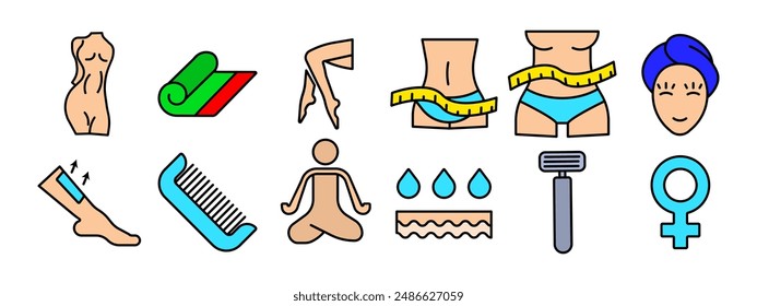 Beauty and wellness set icon. Female body, yoga mat, legs, waist with measuring tape, face with towel, waxing, comb, yoga, water drops, razor, female symbol. Health and self-care concept.