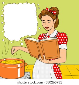 Beauty wife cooking soup vector illustration retro halftone pop art comic strip style