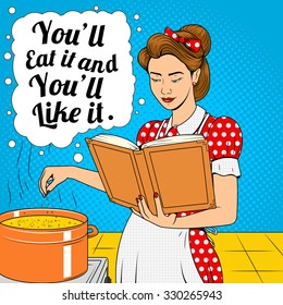 Beauty Wife Cooking Soup Vector Illustration Retro Halftone Pop Art Comic Strip Style