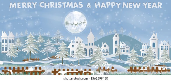 Beauty in winter Winter background with peaceful village in the mountains Santa claus and reindeer Christmas snowy pine tree Vector Drawing Background , New year wishes 
