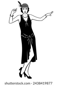 Beauty woman 20s. Flapper Girl dancing. Black and white ink style vector clipart isolated on white.