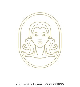 Mujer de belleza estética marco vintage línea de arte deco logo peinado cuidado de la piel ilustración vectorial. Moda hembra en pendientes rizado retrato de pelo wellness salón borde coiffure cosmético icono de maquillaje