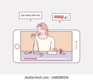 Beauty woman applying makeup. Female video blogger. People doing review on phone screen. Hand drawn style vector design illustrations.