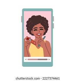 Beauty woman applying makeup. Female video blogger. People doing review on phone screen. Hand drawn style vector.