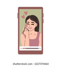 Beauty woman applying makeup. Female video blogger. People doing review on phone screen. Hand drawn style vector.