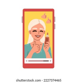 Beauty woman applying makeup. Female video blogger. People doing review on phone screen. Hand drawn style vector.