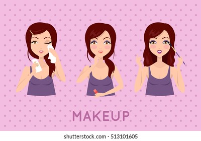 Beauty woman applying makeup set. Skin care. Girls smiling and holding beauty packaging, facial, beauty, skin, cosmetic, makeup, health, lifestyle, fashion, spa. Girl in purple shirt.