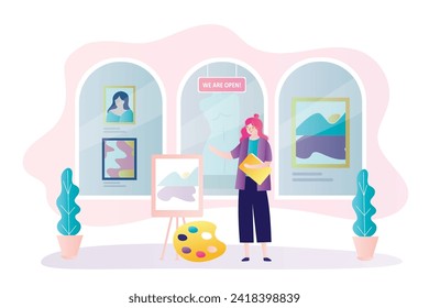 Beauty woman artist paints picture on canvas. Opening of new exhibition in museum or art gallery. Female curator opens an exhibit with various artworks. Museum room interior. flat vector illustration