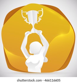 Beauty woman athlete silhouette celebrating her new trophy and triumph in sports event.