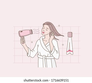 Beauty Woman in Bathrobe Drying her Hair with Hairdryer. Woman in Bathroom Taking Care of her Hair.  Girl Making Haircare Procedures with Blow Dryer. Flat Cartoon Vector Illustration.