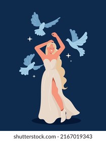 Beauty woman and birds. Mysticism and esotericism, magic and sorcery, fictional character. Metaphor of freedom, positivity and optimism. Mental health and psychology. Cartoon flat vector illustration