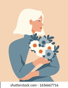 Mujer de belleza con pelo rubio sosteniendo un ramo de flores de primavera. Concepto vectorial de colores pastel para el Día de la Madre, Día de San Valentín, 8 de marzo, Día de la Mujer. 